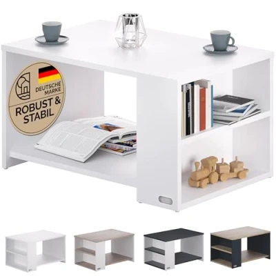 Abbildung von Casaria® Couchtisch Weiß Holz mit Stauraum Regal 2 Fächer 90x60x50cm Kratzfest 50kg Belastbar Eckig Ablage Beistelltisch Wohnzimmer Sofa Couch Tisch