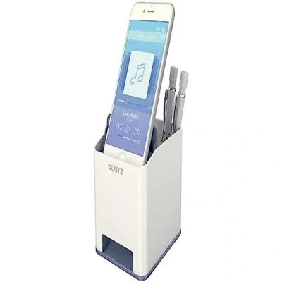 Abbildung von Leitz Sound Stifteköcher mit Soundverstärkungsfunktion, Stiftehalter inkl. Smartphone Fach White/grau, Duo Colour, WOW, 53630095