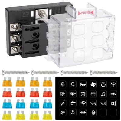 Abbildung von GUNGY Sicherungshalter 12 Volt KFZ Sicherungskasten 6 Fach Flachsicherung mit 16Pcs Sicherungen und Etiketten für Auto Wohnmobil Boot