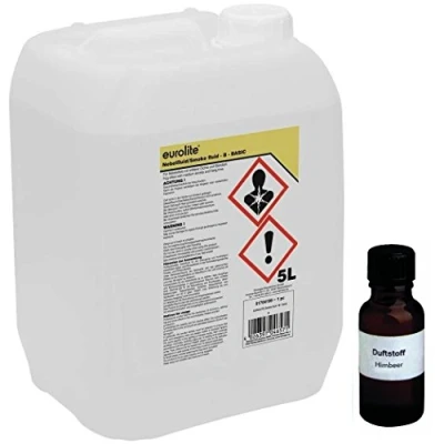 Abbildung von 5 L Eurolite B (Basic) Nebelfluid + 30 ml Duftstoff Himbeere, Smoke Fluid, Nebel Fluid Flüssigkeit für Nebelmaschine (5 Duft Himbeere)