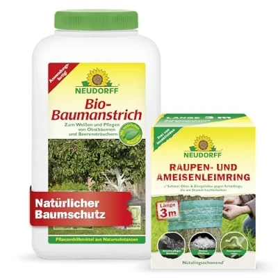 Abbildung von Neudorff Baumschutz Set Bio Baumanstrich und Raupen Ameisenleimring zur natürlichen Pflege von Bäumen zum Schutz vor Schädlingen an Obstbäumen