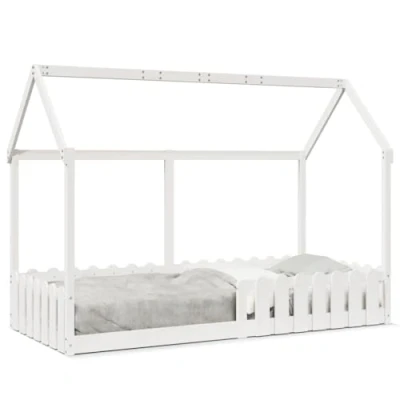 Abbildung von vidaXL Kinderbett, Bodenbett mit Rausfallschutz Lattenrost, Hausbett für Jungen Mädchen, Holzbett Bett Kinderzimmer, Weiß 90x190cm Massivholz Kiefer