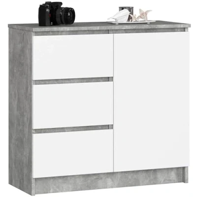 Abbildung von AKORD Kommode K 80 Jerry mit 3 Schubladen Schrank 2 Einlegeböden und 1 Tür Für das Wohnzimmer Schlafzimmer Moderne 16mm Laminierte Platte 80x77x35 cm Beton + Weiß Front