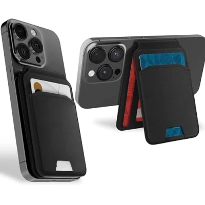 Abbildung von MyGadget Magnetische Magsafe Wallet Kunstleder mit 2X Kartenfächern Standfunktion kompatibel Apple iPhone 16 15 14 13 12 Series Schwarz