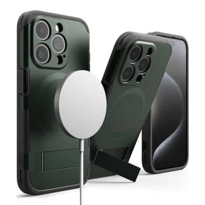 Abbildung von Ringke Alles Magnetic Case Kompatibel mit iPhone 15 Pro Hülle MagSafe [Kameraschutz und Faltbarer Ständer] Verbesserte Griffigkeit Magnetische Handyhülle Dark Green