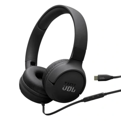Abbildung von JBL Tune 520C, kabelgebundene On Ear Kopfhörer mit Mikrofon, Pure Bass Sound, EQ Presets, USB C Anschluss, faltbares Design und kabelsalatfreies Kabel, Schwarz