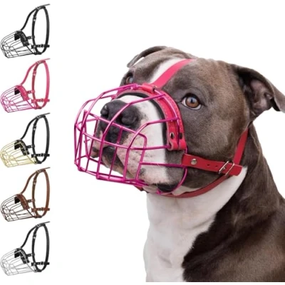 Abbildung von BRONZEDOG Maulkorb für Hunde, Metallmaske, Amstaff, Pitbull, verstellbare Lederriemen große Braun (Rosa, one Size)
