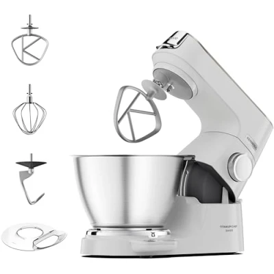 Abbildung von Kenwood Titanium Chef Baker KVC65.001WH, Küchenmaschine mit integrierter Waage, 1200 Watt, inkl. 3 teiligem Patisserie Set, Spatel &amp; Spritzschutz, Weiß