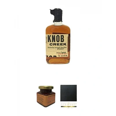Abbildung von Knob Creek 9 Jahre Small Batch Straight Bourbon 0,7 Liter + Kentucky Himbeer Marmelade 150 Gramm Glas Schiefer Glasuntersetzer eckig ca. 9,5 cm Durchmesser