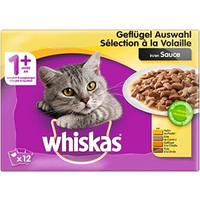 Abbildung von Whiskas 1 + Katzenfutter Geflügel Auswahl in Sauce Schmackhaftes Feuchtfutter für eine gesunde Katze 48 Portionsbeutel à 100g