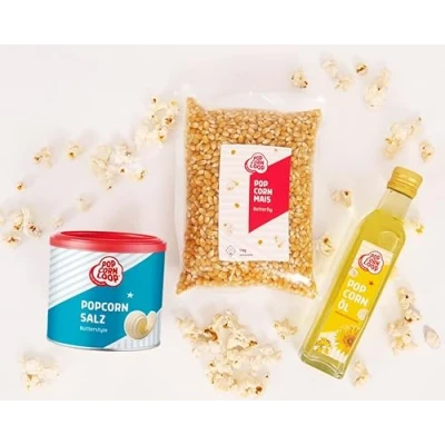 Abbildung von Popcornloop Zutaten Set Popcorn Puffmais Butterfly Mais 1kg, Popcornsalz mit Butteraroma 300g, Popcornöl 250ml Butteraroma,für Zuhause Partyset Popcornset für Popcornmaschine
