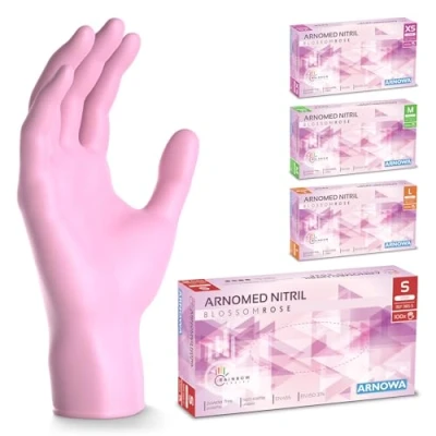 Abbildung von 500 Stück (5x100) ARNOMED Einweghandschuhe Rosa, Einmalhandschuhe S, Nitril Handschuhe Einweg, Nitrilhandschuhe puderfrei, Gummihandschuhe Schutzhandschuhe, in XS, M, L
