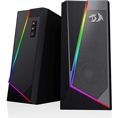 Abbildung von Redragon GS520 RGB Desktop Lautsprecher, 2.0 Kanal PC Stereo Lautsprecher mit 6 bunten LED Modi, verbessertem Klang und leicht zugänglicher Lautstärkeregelung, USB Anschluss 3,5 mm Kabel, rosa