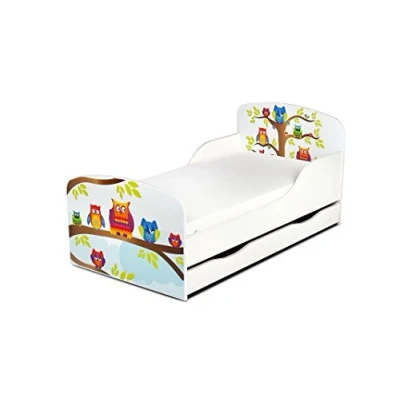 Abbildung von Leomark Einzelbett aus Holz Eulen Kinderbett mit Schubladen für Bettwäsche, Stauraum, Holzbett Matratze + Lattenrost, Komplett Set, Liegefläche 70/140 cm, UV Druck