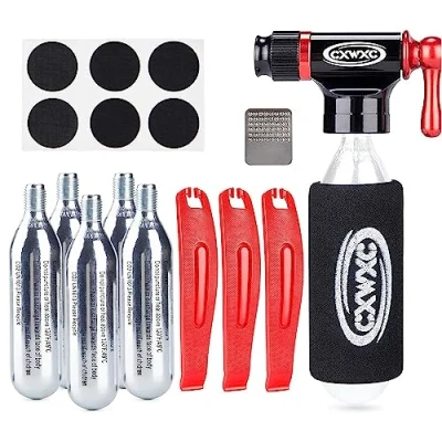 Abbildung von Kadacha CO2 Inflator Kit mit 5x16g Gewindekartuschen Kompatibel Presta und Schrader Ventilen Tragbare Fahrrad Reifenpumpe Kleber Reparatur Set für Rennräder MTB (Kombination A)