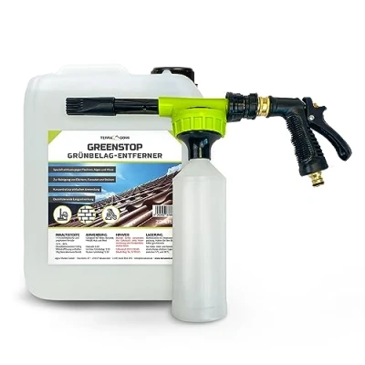 Abbildung von TerraDomi Greenstop + innovatives Sprühsystem, 20 Liter Konzentrat Moosentferner für bis zu 6000 m², Dach und Steinreiniger I effektiver Moosvernichter Fassadenreiniger