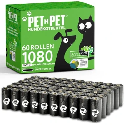 Abbildung von PET N Hundekotbeutel und Abfallbeutel USDA zertifiziert 38% biobasierte Kotbeutel für Hunde 1080 Anzahl 60 Rollen 9x13 Zoll Hundekotbeutel, unparfümierte