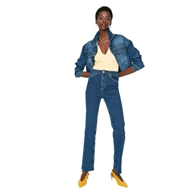 Abbildung von Trendyol Damen Herren Hoher Bund Flared Jeans, Dunkelblau, 40 EU