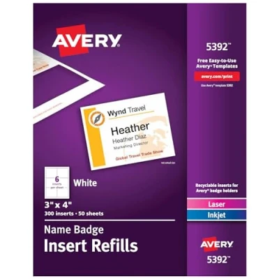 Abbildung von Avery Namensschild Einsätze, 7,6 x 10,2 cm, drucken oder schreiben, Laser/Tintenstrahl, 300 Einsätze pro Packung, 5 Stück, insgesamt 1.500 Ausweiseinlagen (5392)