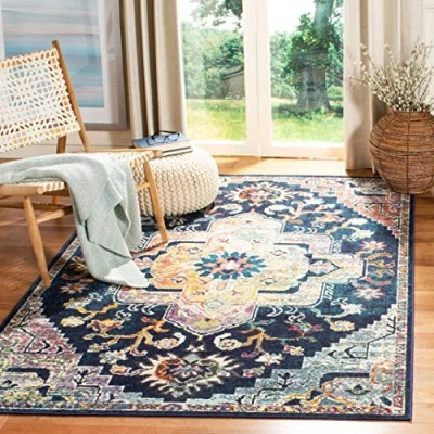 Abbildung von SAFAVIEH Boho Teppich für Wohnzimmer, Esszimmer, Schlafzimmer Crystal Collection, Kurzer Flor, Marineblau und Fuchsia, 91 X 152 cm