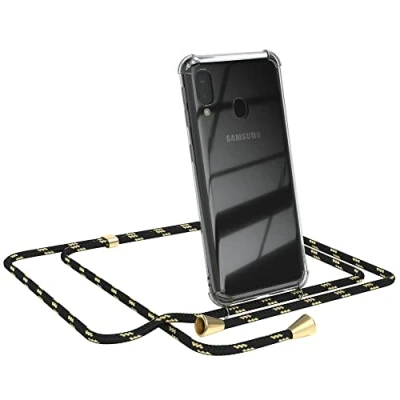 Abbildung von EAZY CASE Handykette kompatibel mit Samsung Galaxy A20e Handyhülle Umhängeband, Handykordel Schutzhülle, Silikonhülle, Hülle, Stylische Kette für Smartphone, Schwarz/Gold