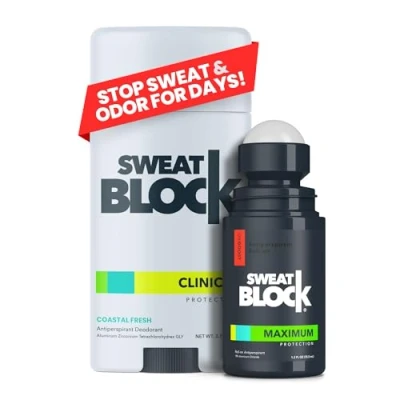 Abbildung von SweatBlock Antiperspirant Deodorant Max Clinical System for Men &amp; Women. Treat Hyperhidrosis, Excessive Sweating Underarm Odor (1 Roll on + 1 Deo)