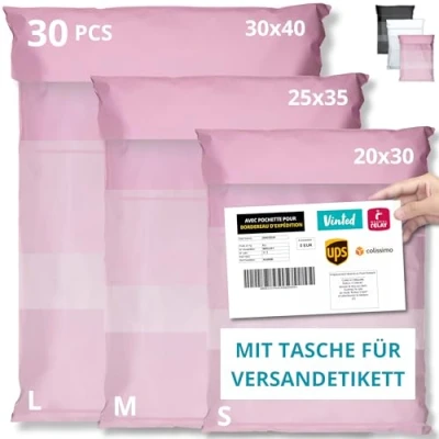 Abbildung von EMBALLAX 30 Versandtaschen MIT TASCHE FÜR VERSANDETIKETT 3 Größen S/M/L WIDERSTANDSFÄHIG/WASSERDICHT Versandtüten für Kleidung Warensendung Umschlag Kartons Versandbeutel Danke