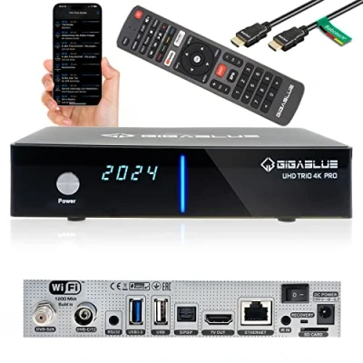 Abbildung von GigaBlue UHD Trio 4K PRO Kabel Sat Receiver DVB S2X/C/T2 Tuner PVR Ready Aufnahmefunktion auf USB/SD Karte WLAN 1200Mbit/s HDMI, USB, LAN, Bluetooth 12V Netzteil inkl. Babotech® HDMI