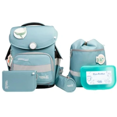 Abbildung von SCHOOL MOOD Timeless Pro Schulranzenset 7 teilig 23,5L Stauraum, ergonomisches Easy Fit System für 1 m bis 1,50 Körpergröße, standfest, wasserdichter Stoff mit Reflektoren (Delfin Ocean Collection)