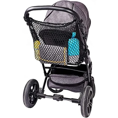 Abbildung von Universal Einkaufsnetz XL für Kinderwagen, Buggy, Sportwagen, Jogger und Zwillingswagen/einfacher Klickverschluss/extra großes Kinderwagennetz Schwarz