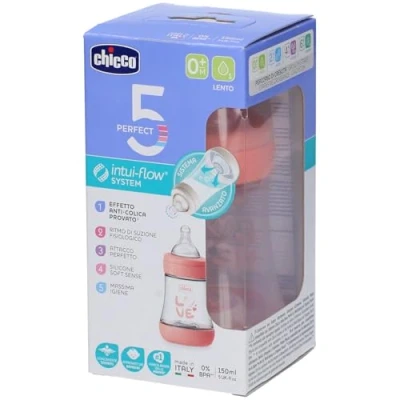 Abbildung von Chicco PERFECT 5 Anti Antikolik Flasche 150 ml, Slow flow 0 Monate + mit weichem Silikonsauger, ml Biofunktionsflasche Intui System, Rosa
