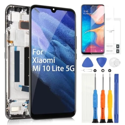 Abbildung von OLED für Xiaomi Mi 10 Lite 5G LCD Display Bildschirm Ersatz M2002J9G M2002J9S Touchscreen Digitalisierer Pannello Glas Montage Reparaturkits (Schwarz mit Rahmen)