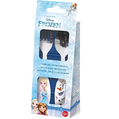Abbildung von p:os 25212 Frozen Die Eiskönigin Kinderbesteck, 2 teiliges Besteckset mit Gabel und Löffel, Essbesteck aus rostfreiem Edelstahl Kunststoffgriffen