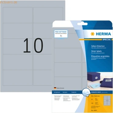Abbildung von HERMA Etiketten Folie silber 96x50,8mm Special A4 LaserCopy VE=250 Stü