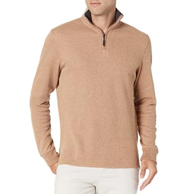 Abbildung von Amazon Essentials Herren Pullover mit Viertelreißverschluss, Französischer Rippstrick, Kamelbraun Meliert, L