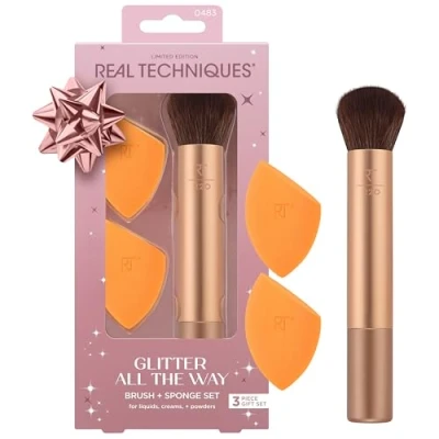 Abbildung von Real Techniques Glitter All The Way Pinsel + Schwamm Kit, 3 teiliges Geschenkset in limitierter Auflage
