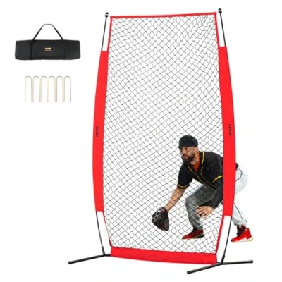 Abbildung von VEVOR I Typ für Schlägerkäfig 1400 x 1065 2180 mm Baseball und Softball Sicherheitsschirm Körperschutz Tragbarer Schlagschirm mit Tragetasche &amp; Bodenpfählen, Outdoor Pitching Netz Rot