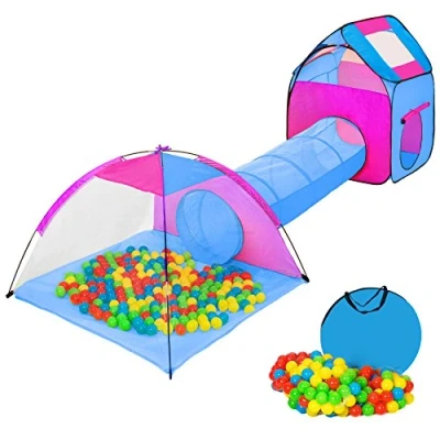 Abbildung von tectake® Iglu Kinderspielzelt Spielhaus Kinderzelt mit Krabbeltunnel + 200 Bälle Tasche Diverse Farben (Pink Blau Nr. 401233)