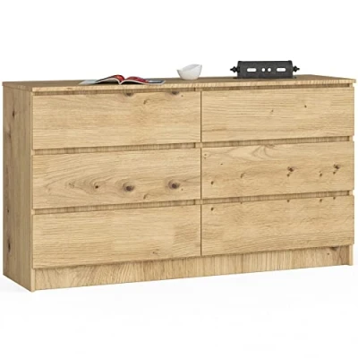Abbildung von AKORD Kommode K 140 mit 6 (2 x 3) Schubladen für das Wohnzimmer Schlafzimmer Schrank Büro Arbeitszimmer Modernes Funktionales Design B138 H77 T40 cm, Gewicht 51kg Eiche Artisan