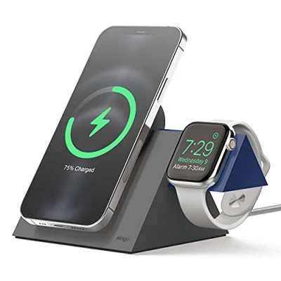 Abbildung von elago MS5 Duo Ladestation Kompatibel mit MagSafe Ladegerät,Kompatibel iPhone 16, 15, 14, 13, 12 Serie, Apple Watch Allen Serie [Ladegerät Nicht enthalten] (Dunkelgrau/Jean Indigo)