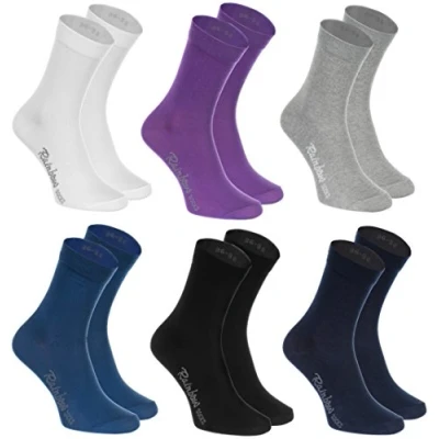 Abbildung von Rainbow Socks Damen Herren Klassische Bunte Baumwolle Socken 6 Paar Weiß Lila Grau Blau Marine Schwarz Größen 36 38