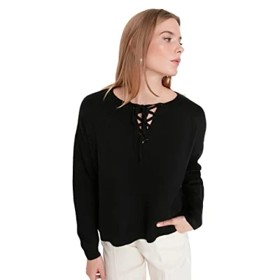 Abbildung von Trendyol Damen Oversize Basic V Ausschnitt Strickwaren Pullover, Schwarz, S