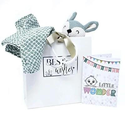Abbildung von Geschenkset Baby zur Geburt Set Karte Tasche Schmusetuch Kuscheltier Reh Spucktuch 100% Baumwolle Hochwertige Jollein Produkte enthalten Glückwunschkarte &amp; Geschenktasche (Grün Schnuffeltuch)