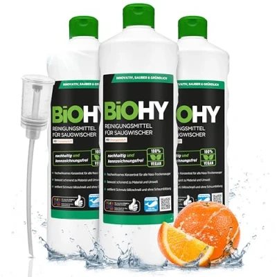 Abbildung von BiOHY Reinigungsmittel für Saugwischer mit Orangenduft (3 x 1 Liter) + Dosierer 1:200 Konzentrat alle Nass Trockensauger ideal Fliesen, PVC, Parkett, Laminat &amp; Teppich streifenfrei