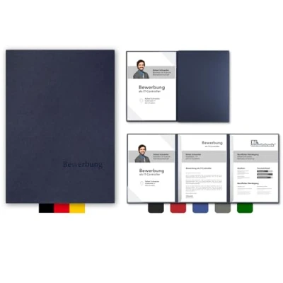 Abbildung von 5 Stück 3 teilige Bewerbungsmappen BL exclusivdruck® OPTIMA plus in Marineblau Premium Qualität mit edler Relief Prägung &#039;Bewerbung&#039; Produkt Design von &#039;Mario Lemani&#039;