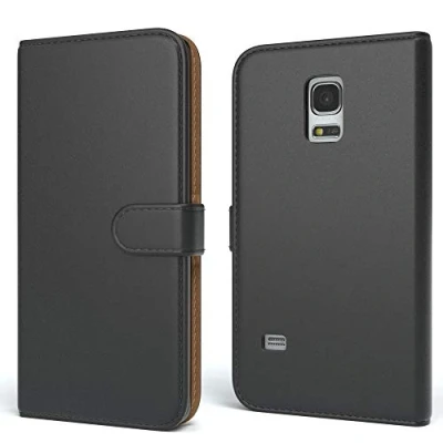 Abbildung von EAZY CASE Tasche kompatibel mit Samsung Galaxy S5 Mini Schutzhülle Standfunktion Klapphülle Bookstyle, Handytasche Handyhülle Magnetverschluss und Kartenfach, Kunstleder, Schwarz