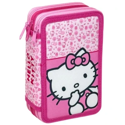 Abbildung von 3 Fach Federmäppchen für Hello Kitty Fan 44 teilig, komplett gefüllt, inklusive Stifte, Bleistifte, Filzstifte, Buntstifte, Scheren Grundschule und Geschenk Offizielles Gadget Kinder