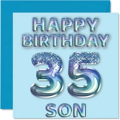 Abbildung von Geburtstagskarte zum 35. Geburtstag für Sohn, blaue Glitzer Party Luftballons, Happy Birthday Karten den von Mama Papa Eltern, 145 mm x mm, Geburtstagsgrußkarten, Geschenk