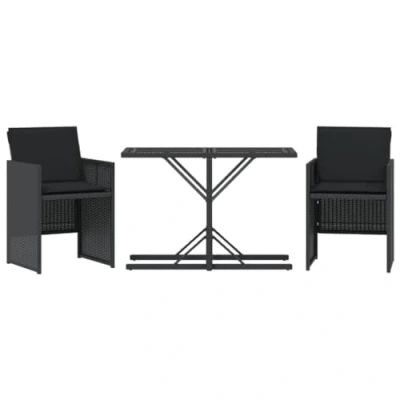 Abbildung von vidaXL Bistro Set 3 TLG., Gartenmöbel mit Kissen Tisch und 2 Stühle, Gartengarnitur Platzsparend, Garten Balkon Terrasse Möbel, Schwarz Poly Rattan
