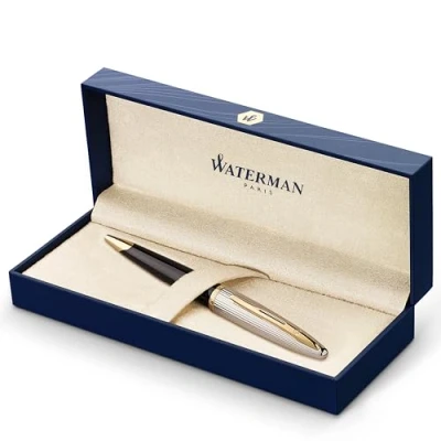 Abbildung von Waterman Carène Deluxe Füller hochglänzend Schwarz mit Silber Plattierung und Clip aus 23 karätigem Gold Füllfederhalter feiner Feder blaue Tinte Geschenkbox